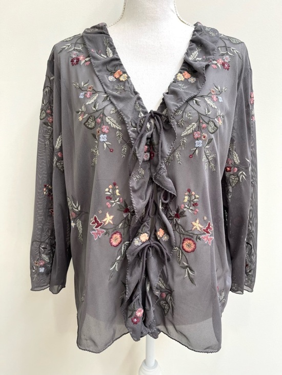 Vintage Tops - Vintage Y2K J.Jill Gray Mesh Floral Embroidered Ruffle Tie Front Top Topper XL